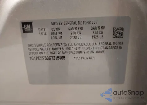 2016 Chevrolet Cruze Limited 1Lt Auto z USA, uszkodzony, nr VIN 1G1PE5SB0G7215805